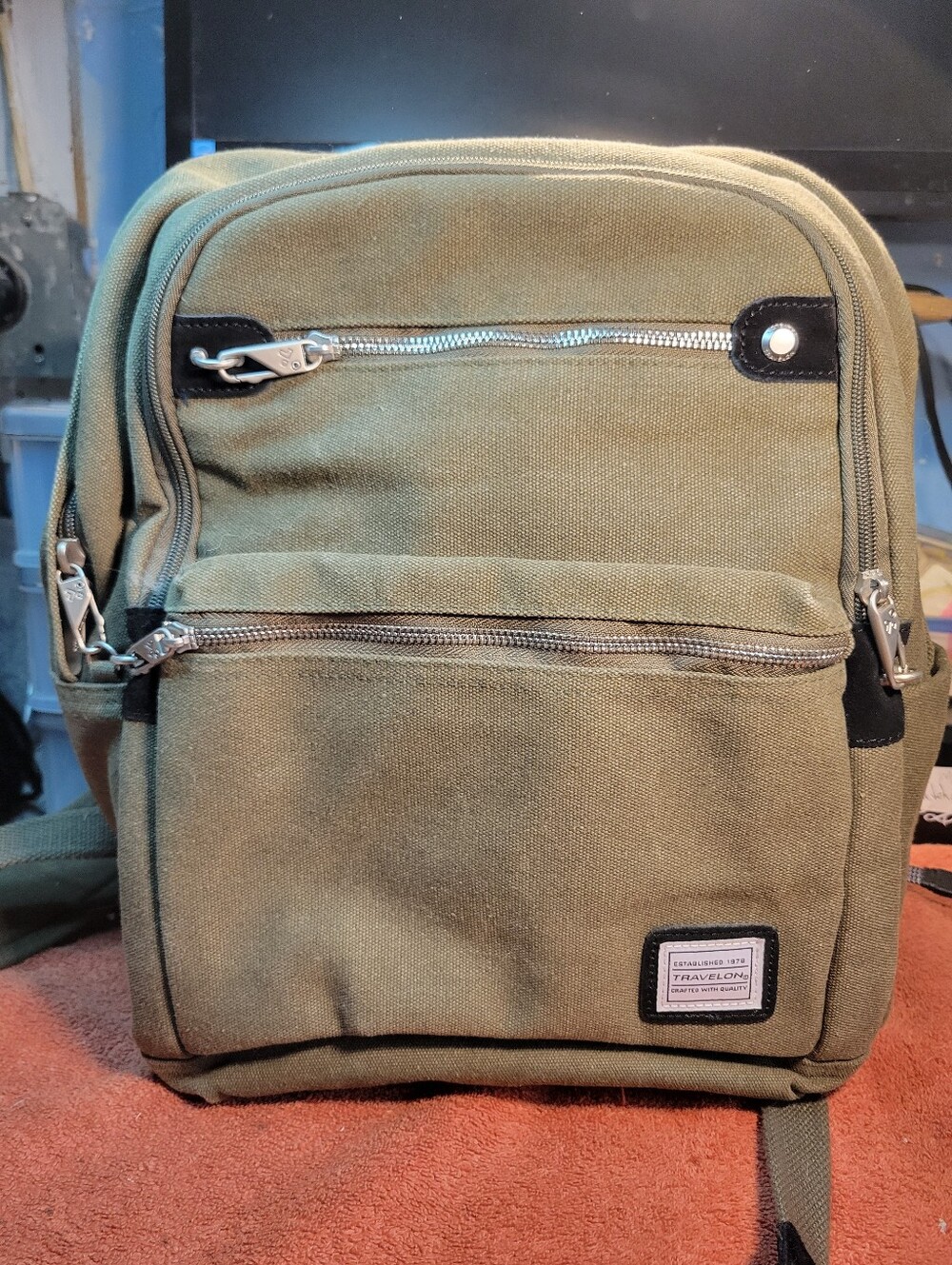 Travelon Olive Green Canvas Backpack theft resistant